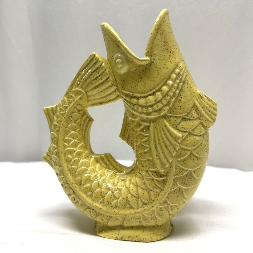 Vintage Yellow Gurgle Jug Pitcher Gluggle Jug Fish Vase Speckled Decor Nautical